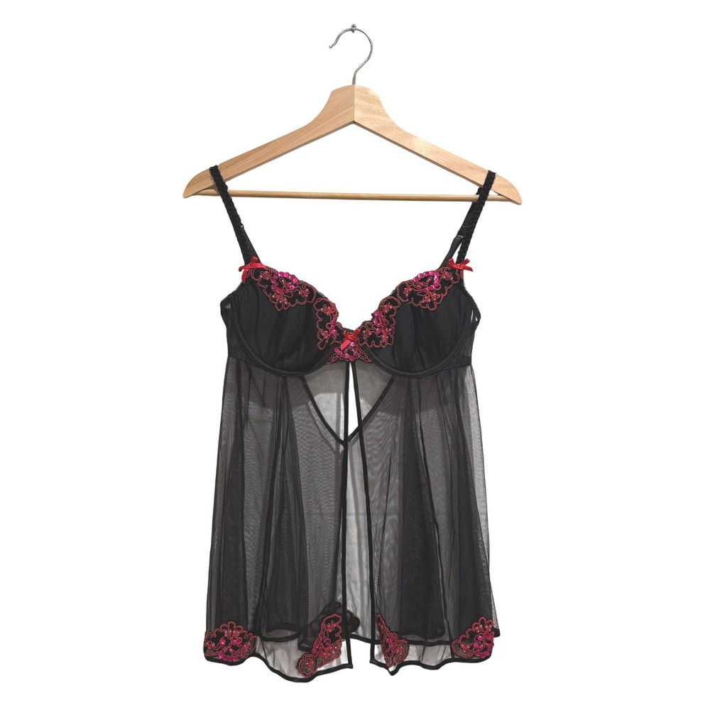 Vintage 2003 Victorias Secret Black‎ Sequin Embroidered Babydoll Chemise 36C